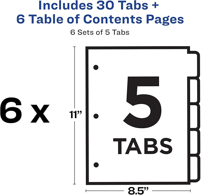 Avery Dividers for 3 Ring Binders, 5 Tabs per Set, Customizable Table of Contents, Classic White Tabs, Great for Organizing Reports, Projects, and More (6 Sets of 11821)