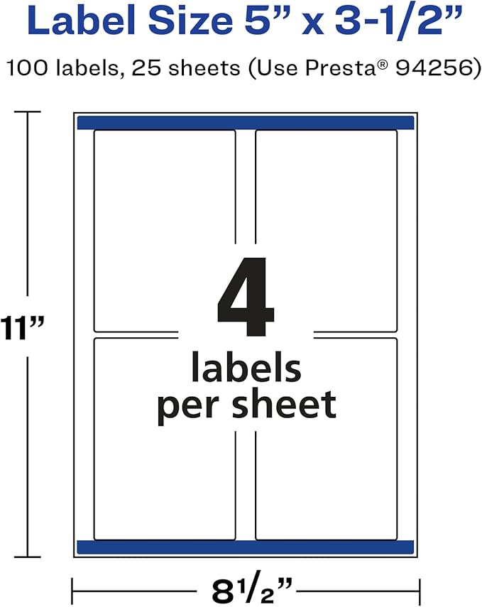 Avery Glossy White Rectangle Labels, Sure Feed Technology, 5" x 3.5", 100 Glossy White Labels, Permanent Adhesive, Laser/Inkjet Printable