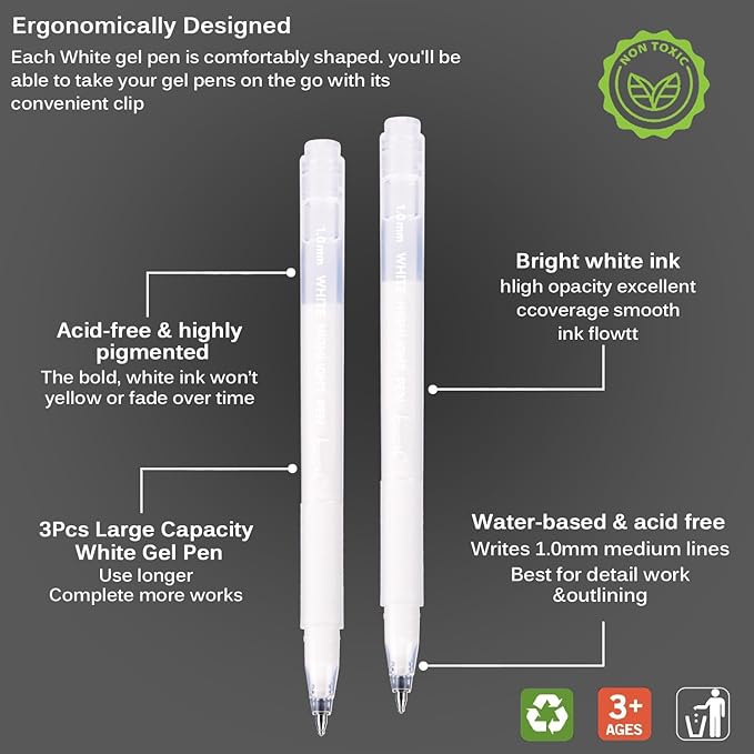 White Gel Pen Set, 1mm Gel Ink Pens Opaque White Archival Ink Pens for Black Paper Drawing, Sketching, Illustration, Card Making, Bullet Journaling,3 Pack