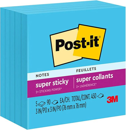 Post-it Super Sticky Notes, 5 Sticky Note Pads, 3 x 3 in., School Supplies, Office Products, for Vertical Surfaces, Monitors, Walls and Windows, Blue Paradise