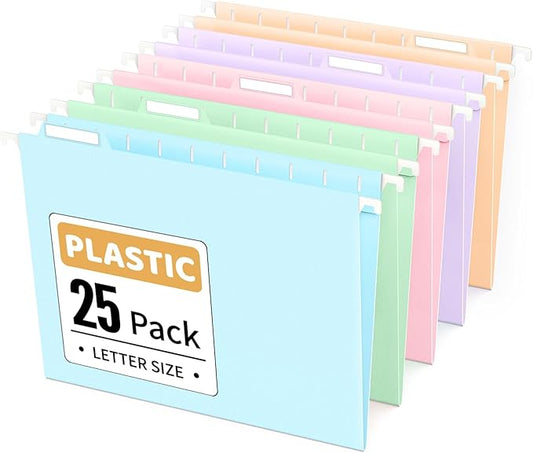 Sooez Tear-Resistant Plastic Hanging File Folders Letter Size, 25 Count File Organizer Suitable for File Cabinet Filing Cabinets, 1/5-cut Adjustable Tabs for Office, School, Pastels Colors, Blue
