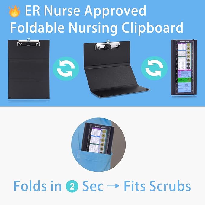 Foldable Nursing Clipboard with Cheat Sheets - 4-Pack Thick & Sturdy Medical Writing Board for Nurses, Nursing Students & CNAS | Portable Clipboard with Pen Holder & Ruler for Hospital Clinical Duty