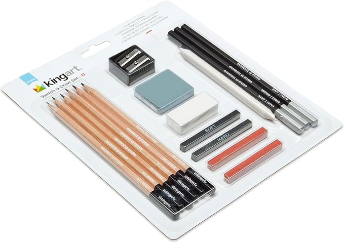 KINGART 17 Pc Professional Sketch & Draw Set, Art Supplies Kit w/Graphite, Charcoal Pencils, Eraser, Blenders for Artists, Beginners, Students