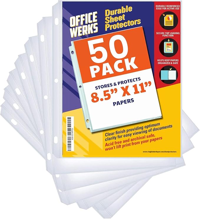 Office Werks Sheet Protectors for 3 Ring Binder, 50 Pack Clear Page Protectors 8.5 x 11 Inch, Top Loading Plastic Sleeves, Reinforced Holes, Archival Safe, Non-Glare, PVC Free