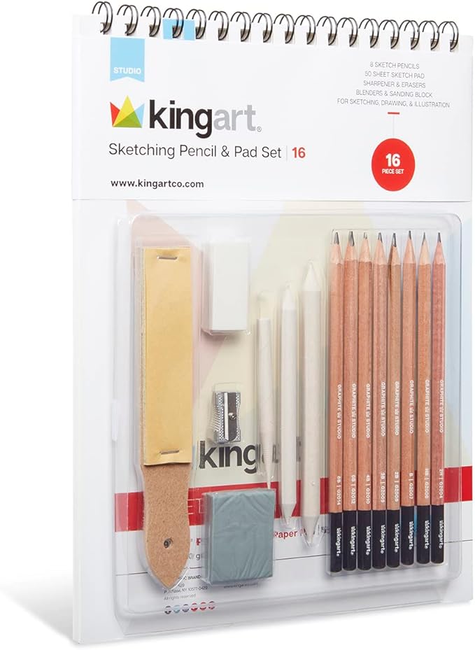 KINGART 16 Piece Sketching Set, Professional Drawing Pencils Art Kit w/Graphite & Charcoal Pencils for Beginners, Students, Adults Shading