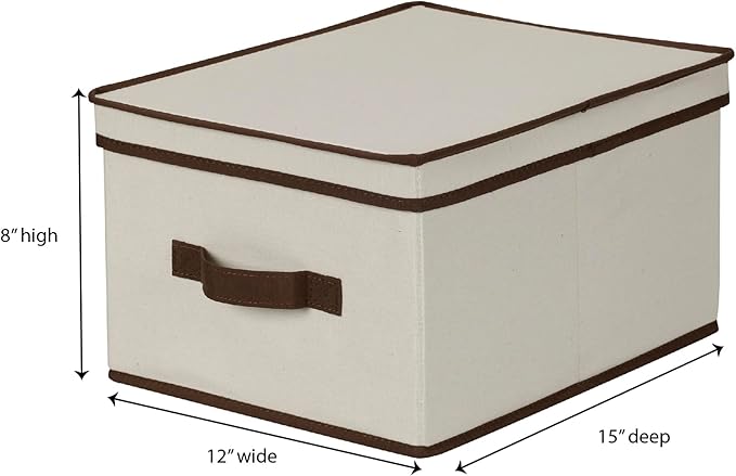 Household Essentials 513 Storage Box with Lid and Handle - Natural Beige Canvas with Brown Trim - Large
