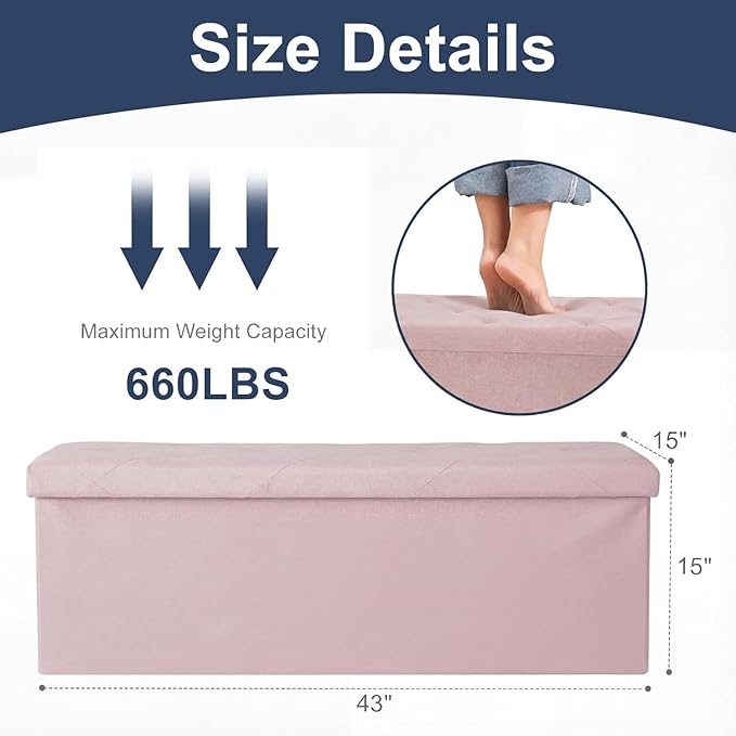 43 Inches Folding Storage Ottoman Bench, Ottoman Foot Rest, Storage Chest, End of Bed Foot Rest Stool with Padded Seat for Living Room, Bedroom, Entryway, Support 660lbs, Linen, Pink
