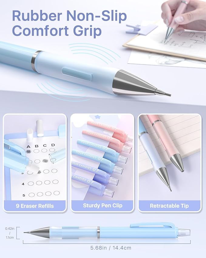 Four Candies Mechanical Pencil Set - 0.7mm (Medium Point), 6PCS Cute Pencils Mechanical with 360PCS (HB & 2B) Lead Refills & 12PCS Erasers & 1PCS Storage Case, Pastel Aesthetic Lead Pencils for School