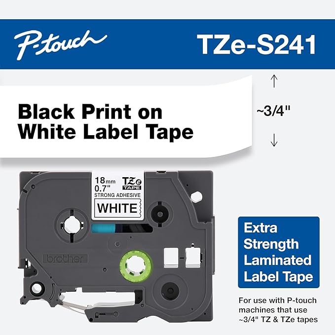 Brother P-Touch TZe-S241 Laminated Extra Strength Label Maker Tape, 3/4-inch x 26-2/10', Black on White (TZe-S241)