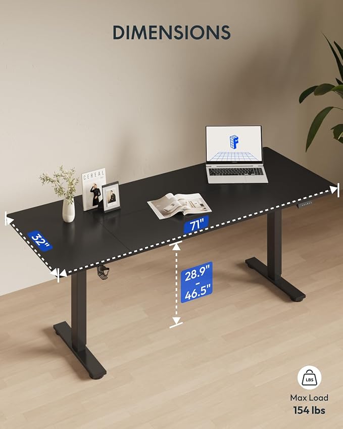 FLEXISPOT 71x32 Inch Electric Large Standing Desk for Home & Office, Spacious Splice Board Desk with Cable Management & Organizer, Cup Holder & Hook, Black