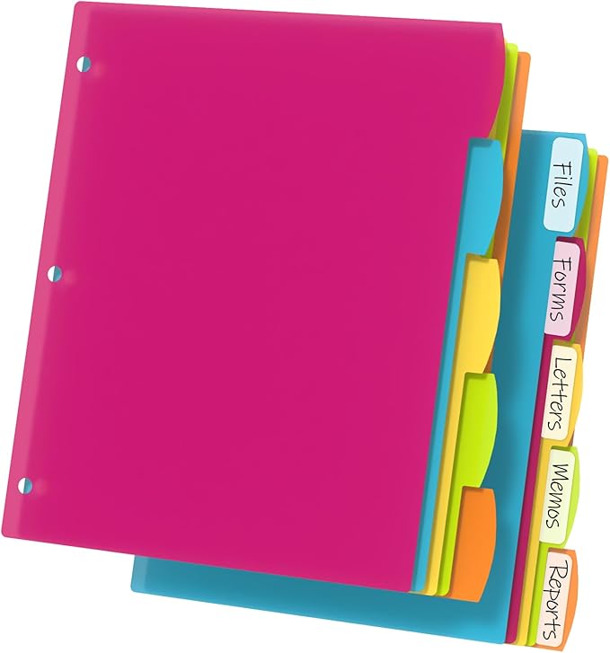 HABGP 3 Ring Binder Dividers with Tabs, 10PCS/2 Set Plastic Dividers for 3 Ring Binder, 5 Tab 3 Hole Punch Dividers Color Pages,Tabbed Index Dividers