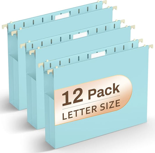 Hanging File Folders Letter Size, 12 Pack Blue Hanging File Folders, 2 Inch Expandable Hanging Folders Letter Size for Filing Cabinet/Drawer/Desk Organizer, 15 X Adjustable Tabs,Baby Blue