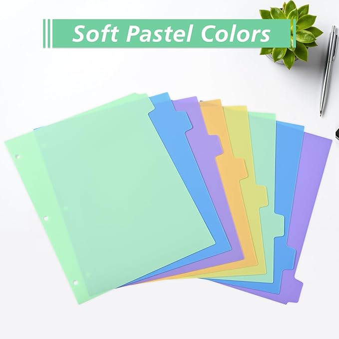 8-Tab Binder-Dividers with Tabs, Write & Erase Divider Tabs for 3 Ring Binders with 3 Holes 8 Pastel Colors, 16pcs, (8 Tabs-2 Pack)