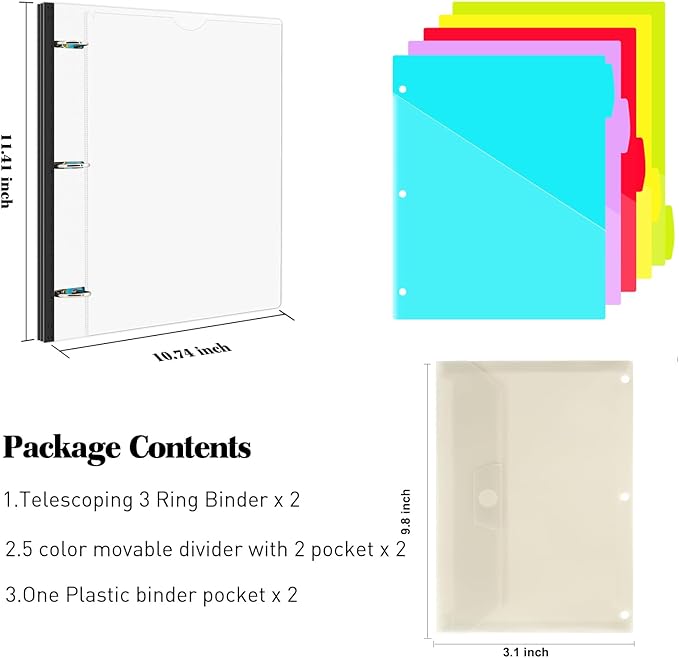 INFUN 1 Inch 3-Ring Telescoping Project Organizer Binder-2PCS,13 Pocket, Customizable Front Cover, 5 Colors Pocket Divider and Plastic Binder Pocket，225 Sheet Capacity-White