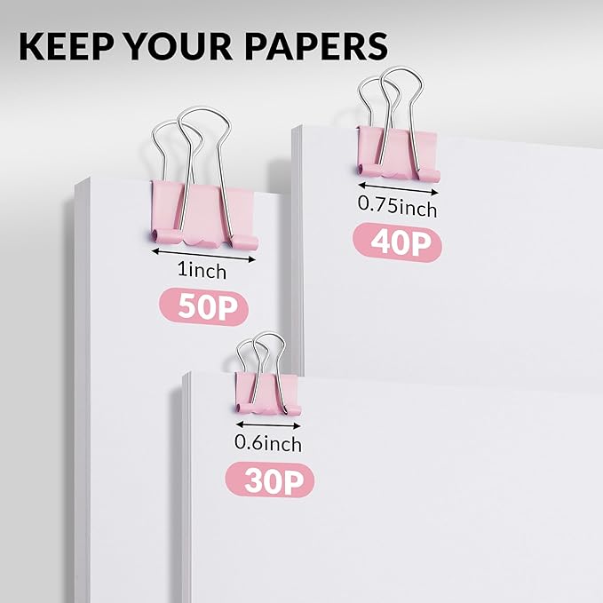 NEEWAY 100 Count Binder Clips Assorted Sizes, Paper Binder Clips (0.6inch 0.75inch 1inch), Metal Paper Clamps for Office and Home (Pink)