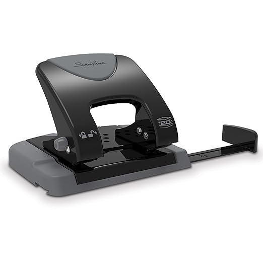 Swingline 2 Hole Punch, 20 Sheet Capacity Hole Puncher, Paper Punch, SmartTouch Low Effort Comfort Handle, Alignment Guide, Black & Gray (74135)