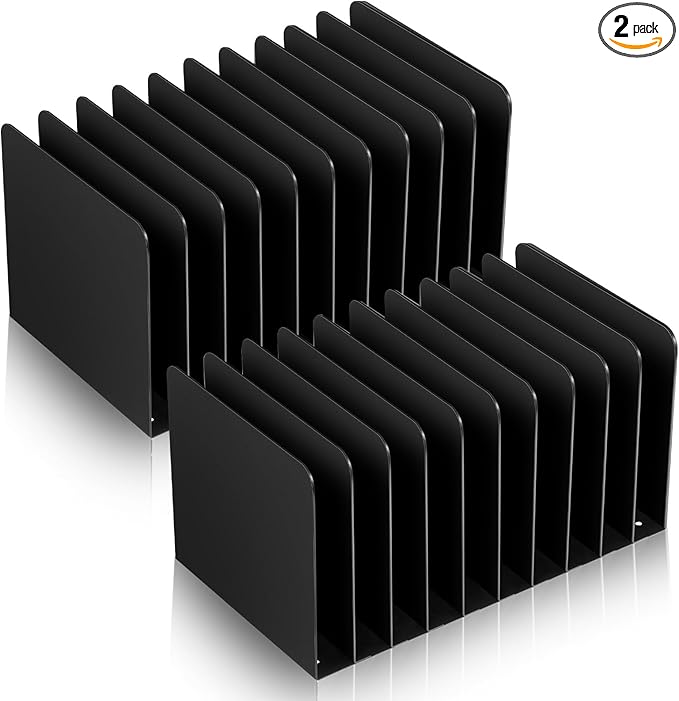 Suzile 2 Pcs Vertical Metal Desk File Organizer, 10 Compartments Desktop Document Sorter & Mail Holder for Office Home Classroom, 10.63 L X 5.79 W X 5.41 H, Black