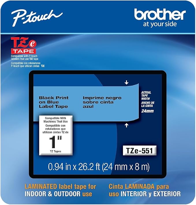 Brother Genuine P-touch, TZe-551CS, 0.94” x 26.2’, Black on Blue Laminated Label Tape