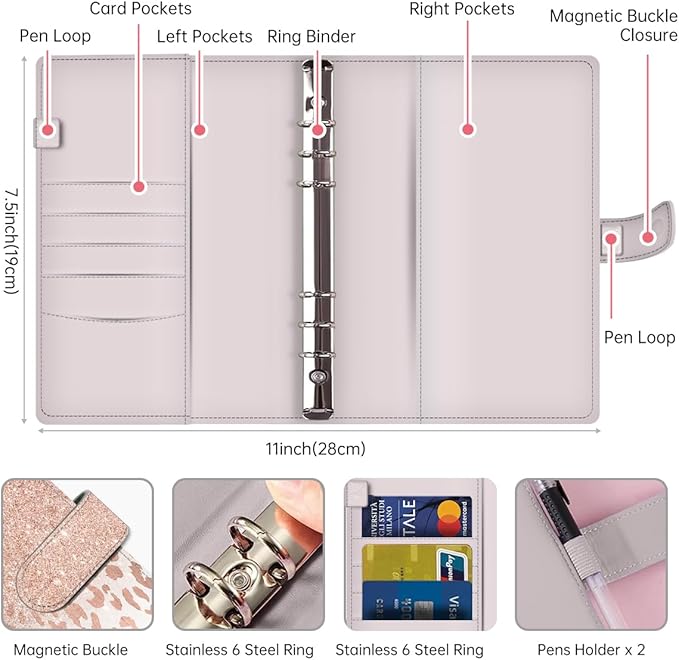 Budget Binder, Cute A6 Money Saving Binder with Zipper Envelopes, PU Leather Money Organizer for Cash, Expense Budget Sheets and Cash Envelopes for Budgeting Luxury Glitter Leopard