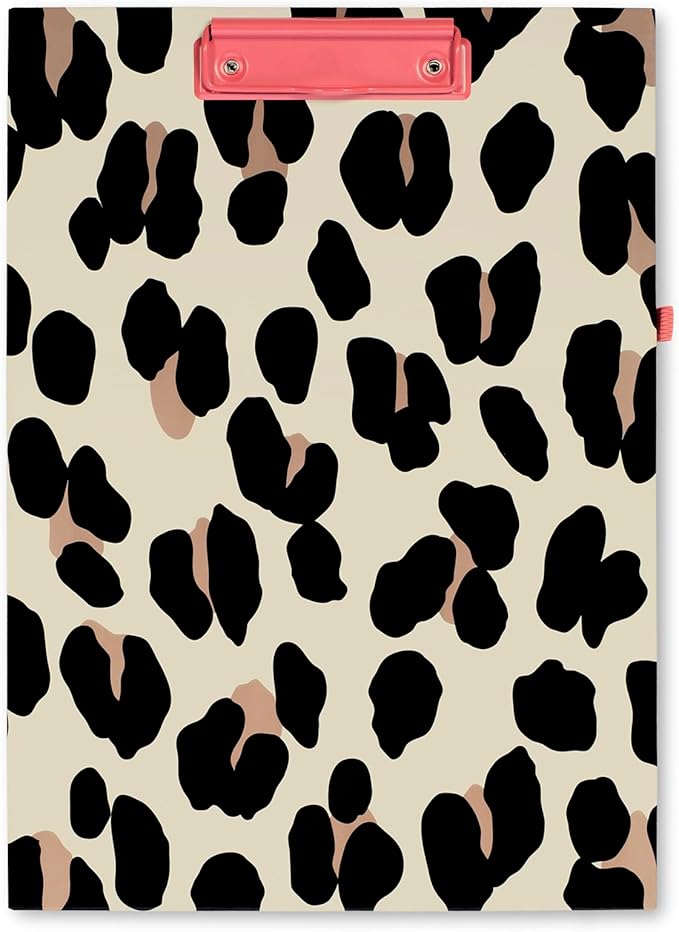 Kate Spade New York Leopard Print A4 Clipboard Folio with Low Profile Clip, Professional Padfolio Includes Lined Notepad, Pen Loop, and Pocket, Forest Feline