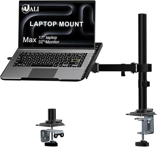 WALI Laptop Tray Desk Mount for 17inch Notebook, Fully Adjustable Laptop Arm up to 22lbs, Monitor Mount with Vented Cooling Platform Stand (M00LP), Black