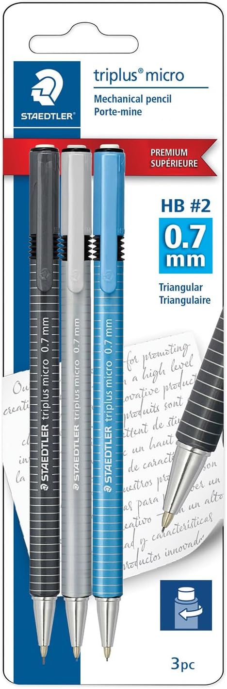 STAEDTLER Triplus Micro Mechanical Pencils 0.7mm HB #2, Ergonomic, 3-Pack with Twist-Top Eraser, Drawing & Drafting Tools, Break-Resistant Lead