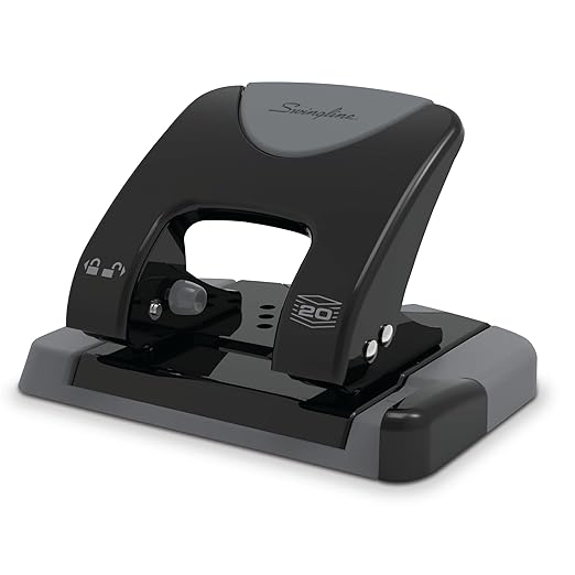 Swingline 2 Hole Punch, 20 Sheet Capacity Hole Puncher, Paper Punch, SmartTouch Low Effort Comfort Handle, Alignment Guide, Black & Gray (74135)