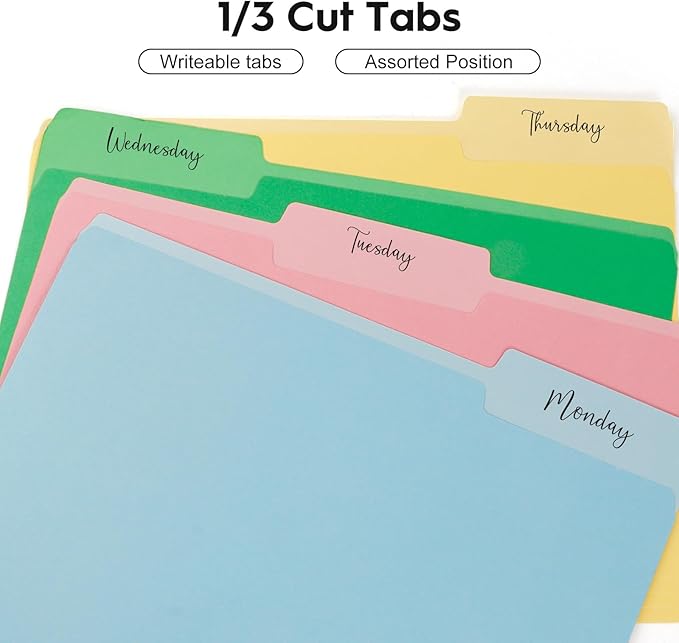 250-Pack Color File Folders, 1/3 Cut Tab, Assorted 10 Colors Letter Size Manilla Folder for School/Office/Classroom