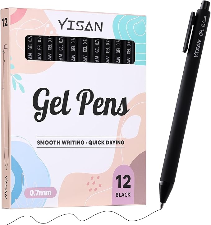 YISAN Black Gel Pens 12 Pack,Black Ink Pens Bullet Tip 0.7 mm,Journal Pens Fast Dry,Retractable,Smooth Writing for Journaling and Note Taking,71051