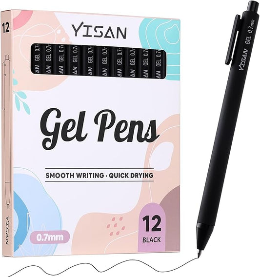 YISAN Black Gel Pens 12 Pack,Black Ink Pens Bullet Tip 0.7 mm,Journal Pens Fast Dry,Retractable,Smooth Writing for Journaling and Note Taking,71051