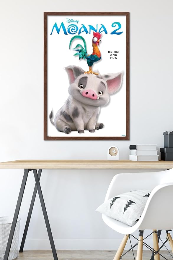 Disney Moana 2 - Heihei and Pua Feature Series Wall Poster, 34L" x 22.4W", Mahogany Framed Version
