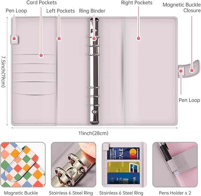 Budget Binder, Cute A6 Money Saving Binder with Zipper Envelopes, PU Leather Money Organizer for Cash, Expense Budget Sheets and Cash Envelopes for Budgeting Cute Colorful Plaid