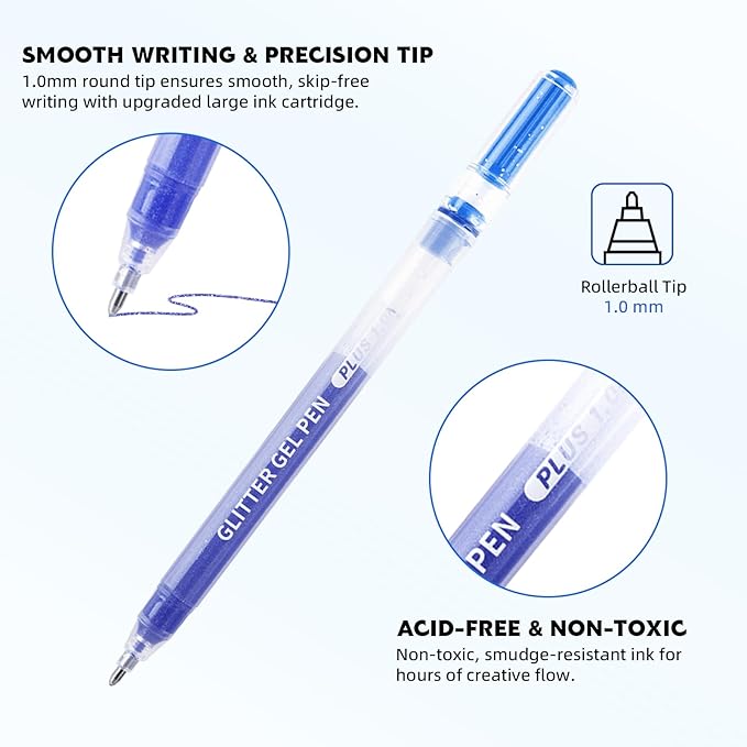 Glitter Gel Pens, 6 Colors Double Shining Colors Blue Glitter Metallic Gel Ink Pen with 1.0 mm Large Capacity Smooth Writing Color Pens for Adult Coloring Note, Drawing, Art Supplies