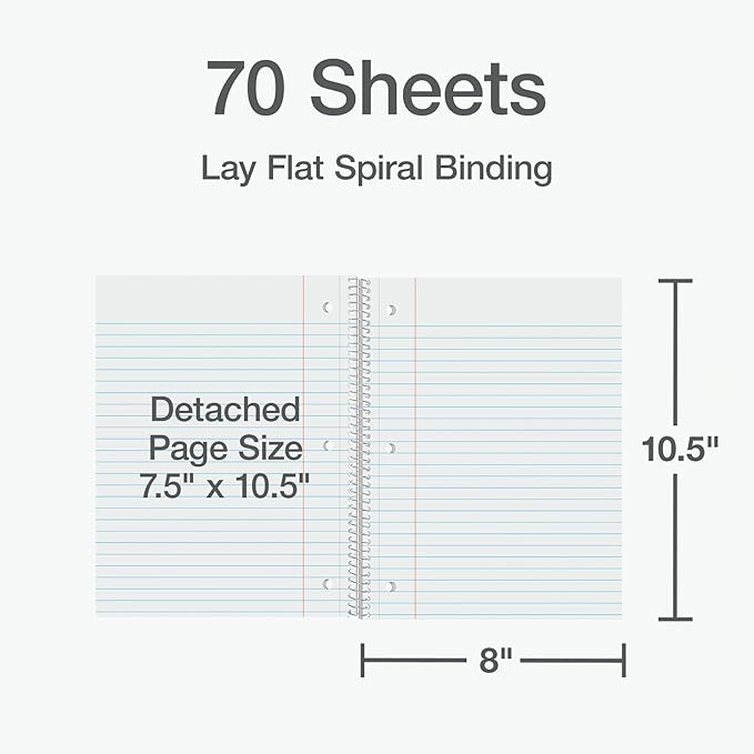 Oxford Spiral Notebooks, 3 Pack, 1 Subject, Wide Ruled Notebooks for School, 8 x 10.5 Inches, 70 Sheets, Assorted Pastel Colors, Back to School Supplies (1002541)