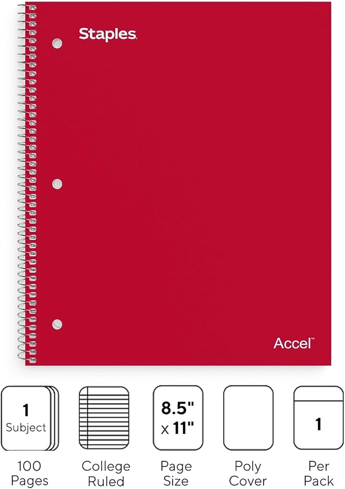 STAPLES Accel 1‑Subject Notebook, 8.5” x 11”, College Ruled, 100 Sheets, Red