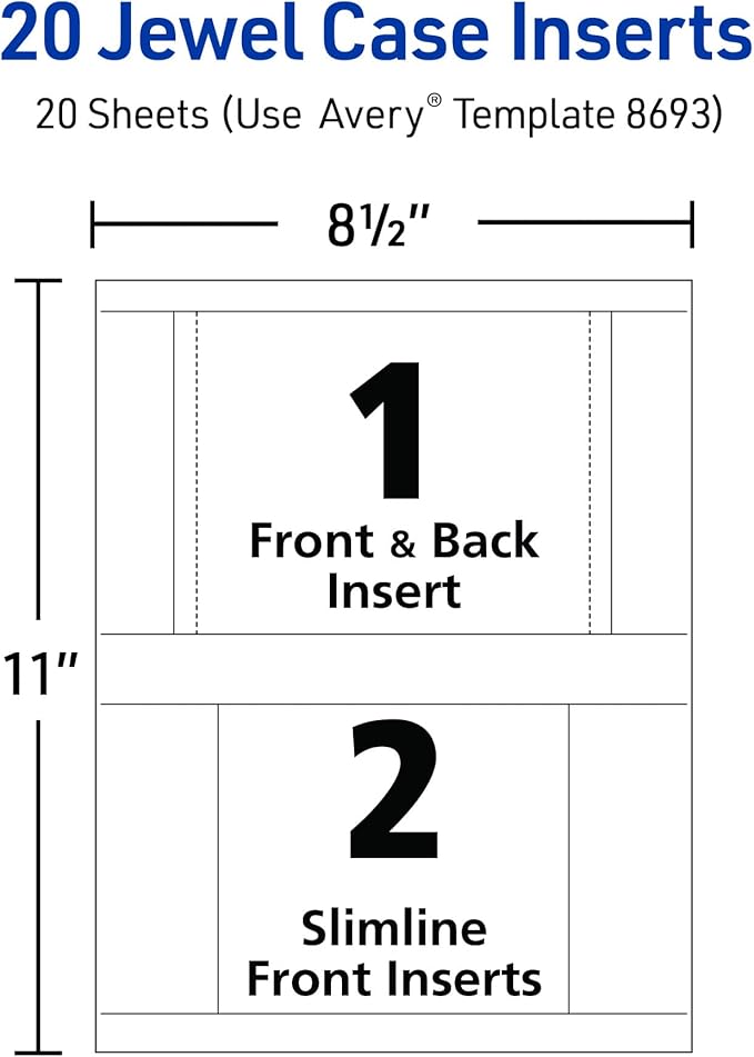 Avery Printable CD Jewel Case Inserts, Matte White, Laser & Inkjet Printer Compatible, 20 Standard and Slimline Inserts, Ideal for CDs, DVDs, Presentations, Portfolios, and More (8693)