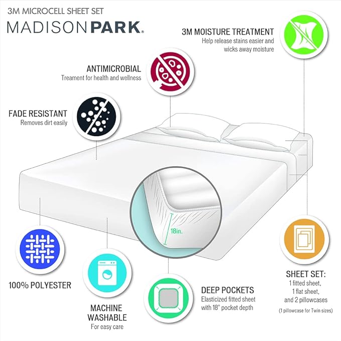 Madison Park 3M Microcell Bed Sheet Set Color Fast, Wrinkle and Stain Resistant, Soft Sheets with 16" Deep Pocket All Season, Cozy Bedding-Set, Matching Pillow Case, Cal King, Seafoam, 4 Piece