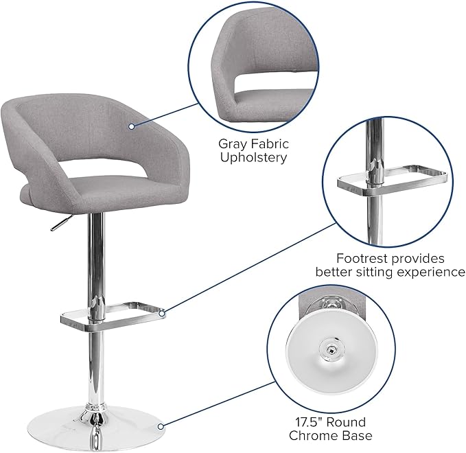 Flash Furniture Erik Contemporary Adjustable Height Barstool with Footrest and Rounded Mid-Back, Upholstered Bar or Counter Height Stool, Gray/Chrome