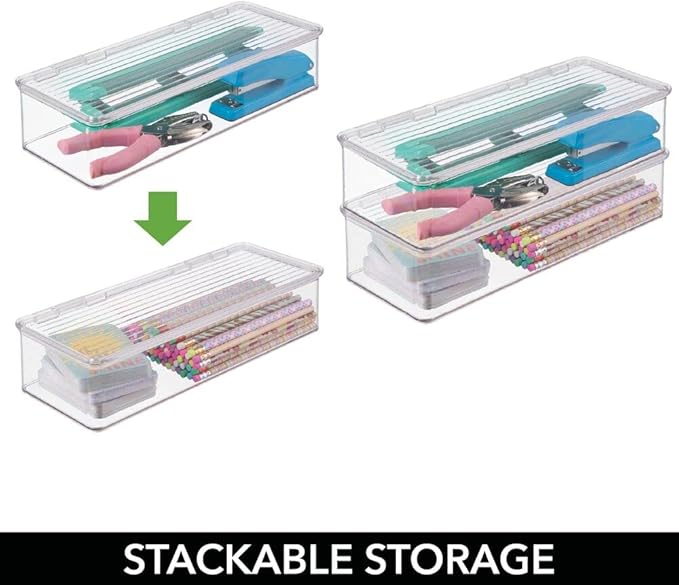 mDesign Office Supplies Desk Organizer Box with Lid for Staplers, Scissors, Pens, Sticky Notes, Highlighters, Tape - 3" Tall, Long, Clear