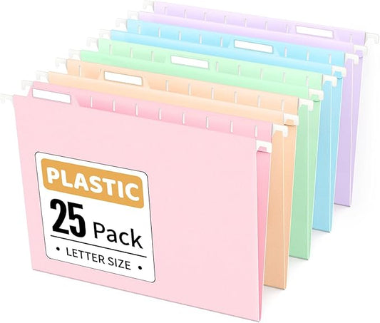 Sooez Tear-Resistant Plastic Hanging File Folders Letter Size, 25 Count File Organizer Suitable for File Cabinet Filing Cabinets, 1/5-cut Adjustable Tabs for Office, School, Pastels Colors, Pink