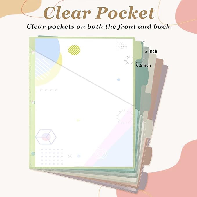 Epakh 12 Pcs Binder Dividers for 3 Rings Binders Index Dividers with Two Clear Pockets Plastics Sheets Protectors with Tab Labels for School Office Organization (Morandi)