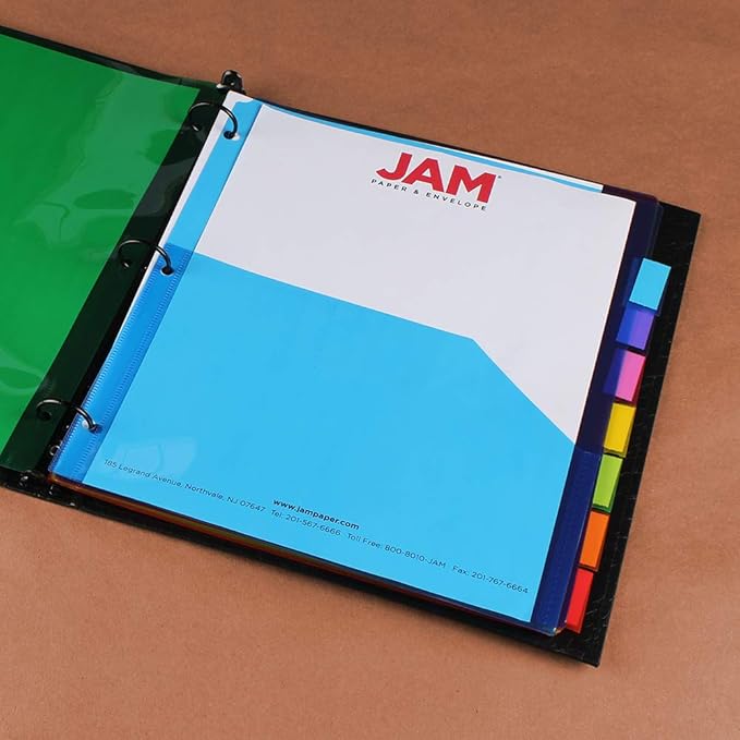 JAM PAPER Plastic Index 8-Tab Dividers w/Double Pockets - 9 3/4 x 11 1/2 - Assorted Multi-Color - 6 Packs of 8 Tabs/Set