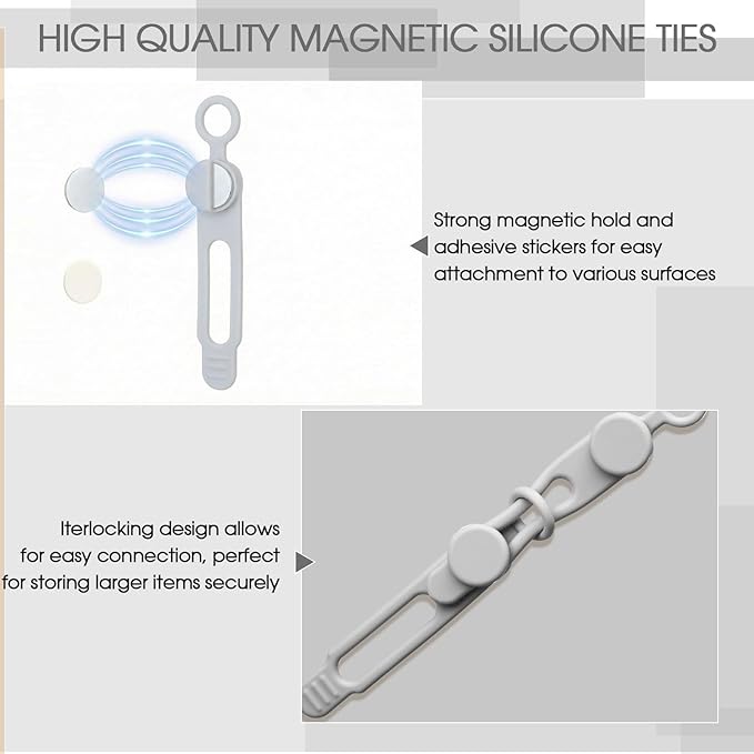 Geelin 10 Pack Magnetic Silicone Cable Ties bulk Reusable Cable Organizer Straps for Cord Management Magnetic Wire Ties for USB Cables Headphones Charger Cords Curtain Towel Straps(Gray)