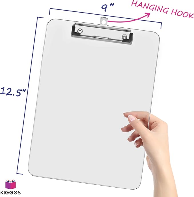 25 Pack Transparent Plastic Clipboards Bulk Acrylic Clear Clip boards with Low Profile Metal Clip Board 12.5 x 9 Inch Letter Size Clipboard Class Set for Classroom with Hanging Hook - Holds 100 Sheets