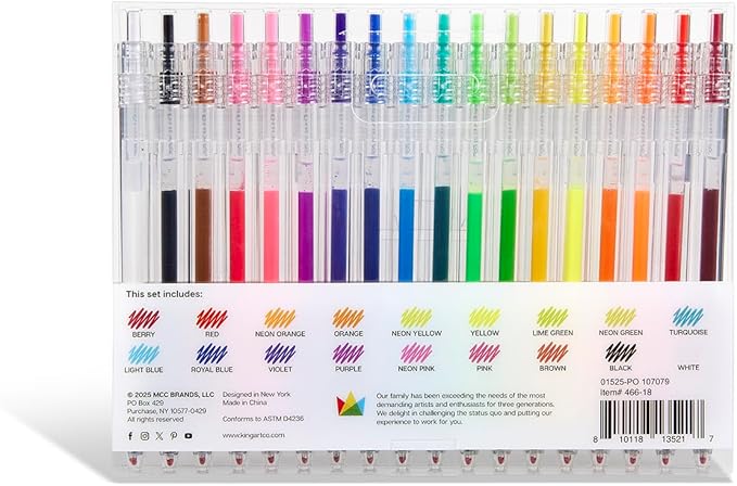 KINGART Retractable Gel Pens, 18-Count Set: Assorted Vibrant Gel Ink Colors for Ultra-Smooth Writing, Adult Coloring, Detailed Art, Journaling, Scrapbooking, and School Supplies.