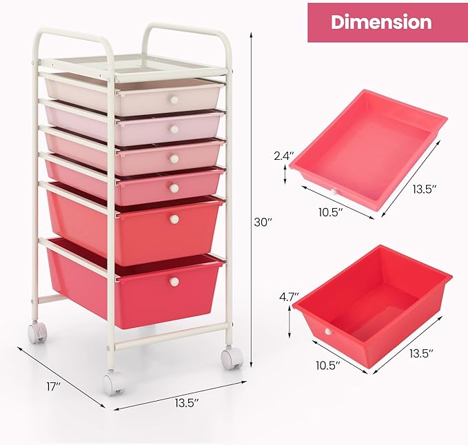 COSTWAY 6-Drawer Rolling Storage Cart, Multifunctional Art Craft Tools Organizer on Wheels, Heavy Duty Utility Mobile Storage Trolley w/ 2 Lockable Wheels for Home Office School, Mixed Pink