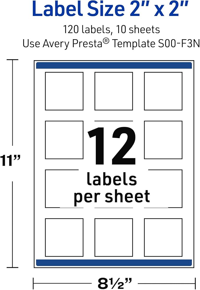 Avery Printable Square Labels with Sure Feed Technology, Pre-Printed Iridescent Watercolors Design, Matte White, 2" x 2", Laser & Inkjet Compatible, 120 Total