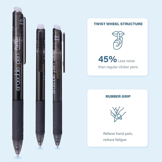 ParKoo Retractable Erasable Gel Pens, 20 Black Twist Pens, Fine Point 0.7 mm, Make Mistakes Disappear, Smooth Writing with Comfortable Grip for Journaling Drawing, Note-Taking