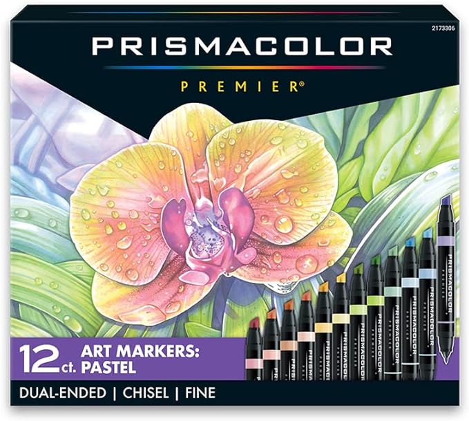Prismacolor Premier Dual-Ended Art Markers Chisel and Fine Tips Pastel Colors 12 Count Set Ideal for Adult Coloring Books