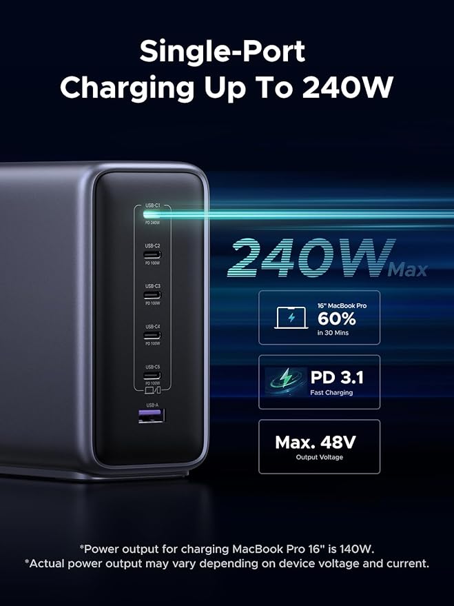 UGREEN Nexode 500W GaN Charging Station, 6-Port USB-C & USB-A with 240W Single Port, Smart Temperature Control & Space-Saving Design for iPhone 17/16/15, Galaxy S25/S24, MacBook Pro/Air, iPad, Laptops